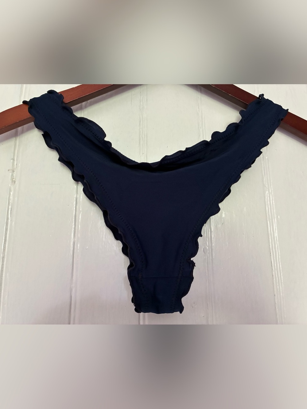 Sherri’s Swim Navy Ruffle-Edge High Cut Bikini Bottom, sz M